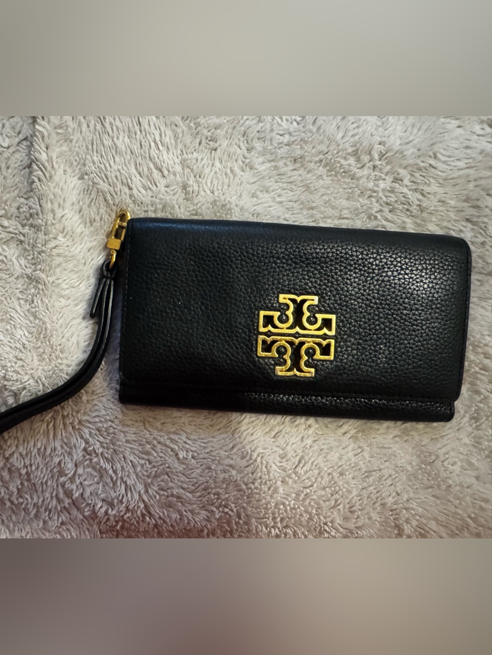 Tory Burch Black Leather Wristlet with Gold Logo Accent